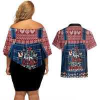 Merry Clucking Christmas Couples Matching Off Shoulder Short Dress and Hawaiian Shirt Chicken Santa Hat - Wonder Print Shop