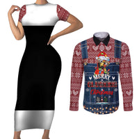 Merry Clucking Christmas Couples Matching Short Sleeve Bodycon Dress and Long Sleeve Button Shirt Chicken Santa Hat - Wonder Print Shop