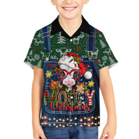 Kid's Christmas Hawaiian shirt, short sleeves, cow wearing red glasses and festive holiday print