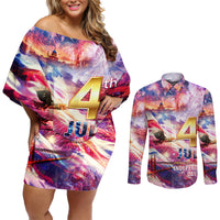 Custom 4th Of July Independence Day American Couples Matching Off Shoulder Short Dress and Long Sleeve Button Shirt - Wonder Print Shop