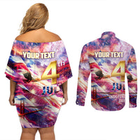 Custom 4th Of July Independence Day American Couples Matching Off Shoulder Short Dress and Long Sleeve Button Shirt - Wonder Print Shop