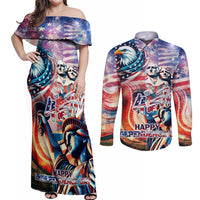Personalized American Independence Day Couples Matching Off Shoulder Maxi Dress and Long Sleeve Button Shirt 4th of July Statue of Liberty - Wonder Print Shop