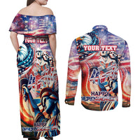 Personalized American Independence Day Couples Matching Off Shoulder Maxi Dress and Long Sleeve Button Shirt 4th of July Statue of Liberty - Wonder Print Shop