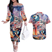 Personalized American Independence Day Couples Matching Off The Shoulder Long Sleeve Dress and Hawaiian Shirt 4th of July Statue of Liberty - Wonder Print Shop