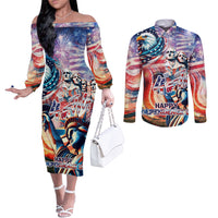 Personalized American Independence Day Couples Matching Off The Shoulder Long Sleeve Dress and Long Sleeve Button Shirt 4th of July Statue of Liberty