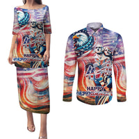 Personalized American Independence Day Couples Matching Puletasi and Long Sleeve Button Shirt 4th of July Statue of Liberty - Wonder Print Shop