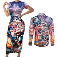 Personalized American Independence Day Couples Matching Short Sleeve Bodycon Dress and Long Sleeve Button Shirt 4th of July Statue of Liberty - Wonder Print Shop
