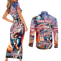 Personalized American Independence Day Couples Matching Short Sleeve Bodycon Dress and Long Sleeve Button Shirt 4th of July Statue of Liberty - Wonder Print Shop