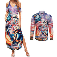 Personalized American Independence Day Couples Matching Summer Maxi Dress and Long Sleeve Button Shirt 4th of July Statue of Liberty - Wonder Print Shop