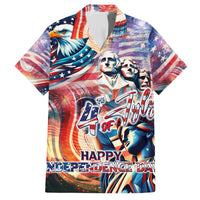 Independence Day Hawaiian shirt with eagle, American flag, fireworks, and "HAPPY" text