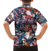 Kids' Hawaiian button-up shirt, back print with stars, eagles, fireworks and 'Happy Fourth of July USA'