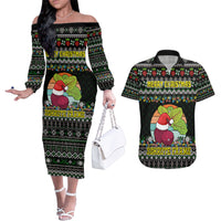 Merry Christmas Schrute Farms Couples Matching Off The Shoulder Long Sleeve Dress and Hawaiian Shirt - Wonder Print Shop