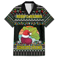 Black Hawaiian shirt with Merry Christmas and Schrute Farms graphic, short sleeves