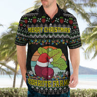 Black Hawaiian shirt with Merry Christmas and Schrute Farms leaf-and-hat print, short sleeves