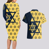 Happy Hanukkah Couples Matching Long Sleeve Bodycon Dress and Hawaiian Shirt Jewish Star of David - Wonder Print Shop