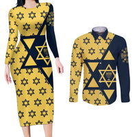 Happy Hanukkah Couples Matching Long Sleeve Bodycon Dress and Long Sleeve Button Shirt Jewish Star of David - Wonder Print Shop