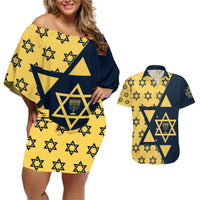 Happy Hanukkah Couples Matching Off Shoulder Short Dress and Hawaiian Shirt Jewish Star of David - Wonder Print Shop