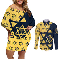 Happy Hanukkah Couples Matching Off Shoulder Short Dress and Long Sleeve Button Shirt Jewish Star of David - Wonder Print Shop