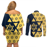 Happy Hanukkah Couples Matching Off Shoulder Short Dress and Long Sleeve Button Shirt Jewish Star of David - Wonder Print Shop