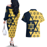 Happy Hanukkah Couples Matching Off The Shoulder Long Sleeve Dress and Hawaiian Shirt Jewish Star of David - Wonder Print Shop