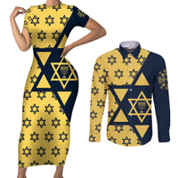 Happy Hanukkah Couples Matching Short Sleeve Bodycon Dress and Long Sleeve Button Shirt Jewish Star of David - Wonder Print Shop