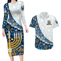 Happy Hanukkah Couples Matching Long Sleeve Bodycon Dress and Hawaiian Shirt Menorah and Dreidel - Wonder Print Shop