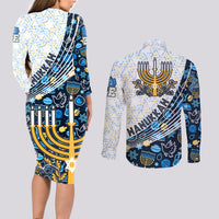 Happy Hanukkah Couples Matching Long Sleeve Bodycon Dress and Long Sleeve Button Shirt Menorah and Dreidel - Wonder Print Shop