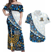 Happy Hanukkah Couples Matching Off Shoulder Maxi Dress and Hawaiian Shirt Menorah and Dreidel - Wonder Print Shop