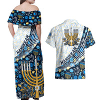 Happy Hanukkah Couples Matching Off Shoulder Maxi Dress and Hawaiian Shirt Menorah and Dreidel - Wonder Print Shop