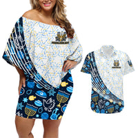 Happy Hanukkah Couples Matching Off Shoulder Short Dress and Hawaiian Shirt Menorah and Dreidel - Wonder Print Shop