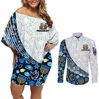 Happy Hanukkah Couples Matching Off Shoulder Short Dress and Long Sleeve Button Shirt Menorah and Dreidel - Wonder Print Shop