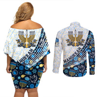 Happy Hanukkah Couples Matching Off Shoulder Short Dress and Long Sleeve Button Shirt Menorah and Dreidel - Wonder Print Shop