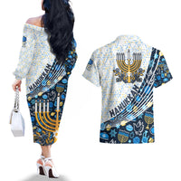 Happy Hanukkah Couples Matching Off The Shoulder Long Sleeve Dress and Hawaiian Shirt Menorah and Dreidel - Wonder Print Shop