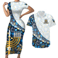 Happy Hanukkah Couples Matching Short Sleeve Bodycon Dress and Hawaiian Shirt Menorah and Dreidel - Wonder Print Shop
