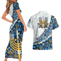 Happy Hanukkah Couples Matching Short Sleeve Bodycon Dress and Hawaiian Shirt Menorah and Dreidel - Wonder Print Shop
