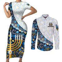 Happy Hanukkah Couples Matching Short Sleeve Bodycon Dress and Long Sleeve Button Shirt Menorah and Dreidel - Wonder Print Shop