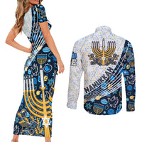 Happy Hanukkah Couples Matching Short Sleeve Bodycon Dress and Long Sleeve Button Shirt Menorah and Dreidel - Wonder Print Shop