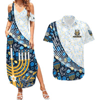 Happy Hanukkah Couples Matching Summer Maxi Dress and Hawaiian Shirt Menorah and Dreidel - Wonder Print Shop