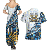 Happy Hanukkah Couples Matching Summer Maxi Dress and Hawaiian Shirt Menorah and Dreidel - Wonder Print Shop