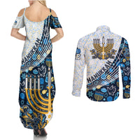 Happy Hanukkah Couples Matching Summer Maxi Dress and Long Sleeve Button Shirt Menorah and Dreidel - Wonder Print Shop
