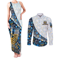 Happy Hanukkah Couples Matching Tank Maxi Dress and Long Sleeve Button Shirt Menorah and Dreidel - Wonder Print Shop