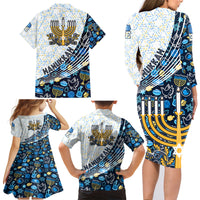 Happy Hanukkah Family Matching Long Sleeve Bodycon Dress and Hawaiian Shirt Menorah and Dreidel - Wonder Print Shop