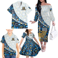 Happy Hanukkah Family Matching Off Shoulder Long Sleeve Dress and Hawaiian Shirt Menorah and Dreidel - Wonder Print Shop