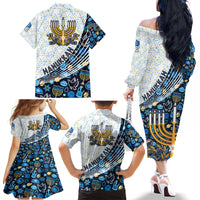 Happy Hanukkah Family Matching Off Shoulder Long Sleeve Dress and Hawaiian Shirt Menorah and Dreidel - Wonder Print Shop