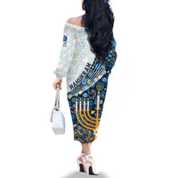 Happy Hanukkah Family Matching Off Shoulder Long Sleeve Dress and Hawaiian Shirt Menorah and Dreidel - Wonder Print Shop