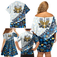 Happy Hanukkah Family Matching Off Shoulder Short Dress and Hawaiian Shirt Menorah and Dreidel - Wonder Print Shop