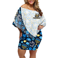 Happy Hanukkah Family Matching Off Shoulder Short Dress and Hawaiian Shirt Menorah and Dreidel - Wonder Print Shop