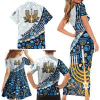 Happy Hanukkah Family Matching Short Sleeve Bodycon Dress and Hawaiian Shirt Menorah and Dreidel - Wonder Print Shop