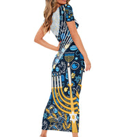 Happy Hanukkah Family Matching Short Sleeve Bodycon Dress and Hawaiian Shirt Menorah and Dreidel - Wonder Print Shop