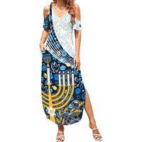 Happy Hanukkah Family Matching Summer Maxi Dress and Hawaiian Shirt Menorah and Dreidel - Wonder Print Shop